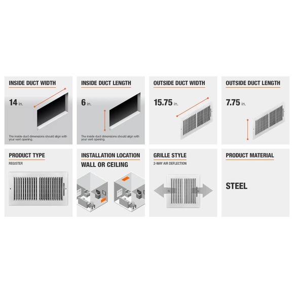 14" x 6" 2-Way Steel Wall / Ceiling Register, White (OD 15.75"L x 7.75"H) - Picture 2 of 4